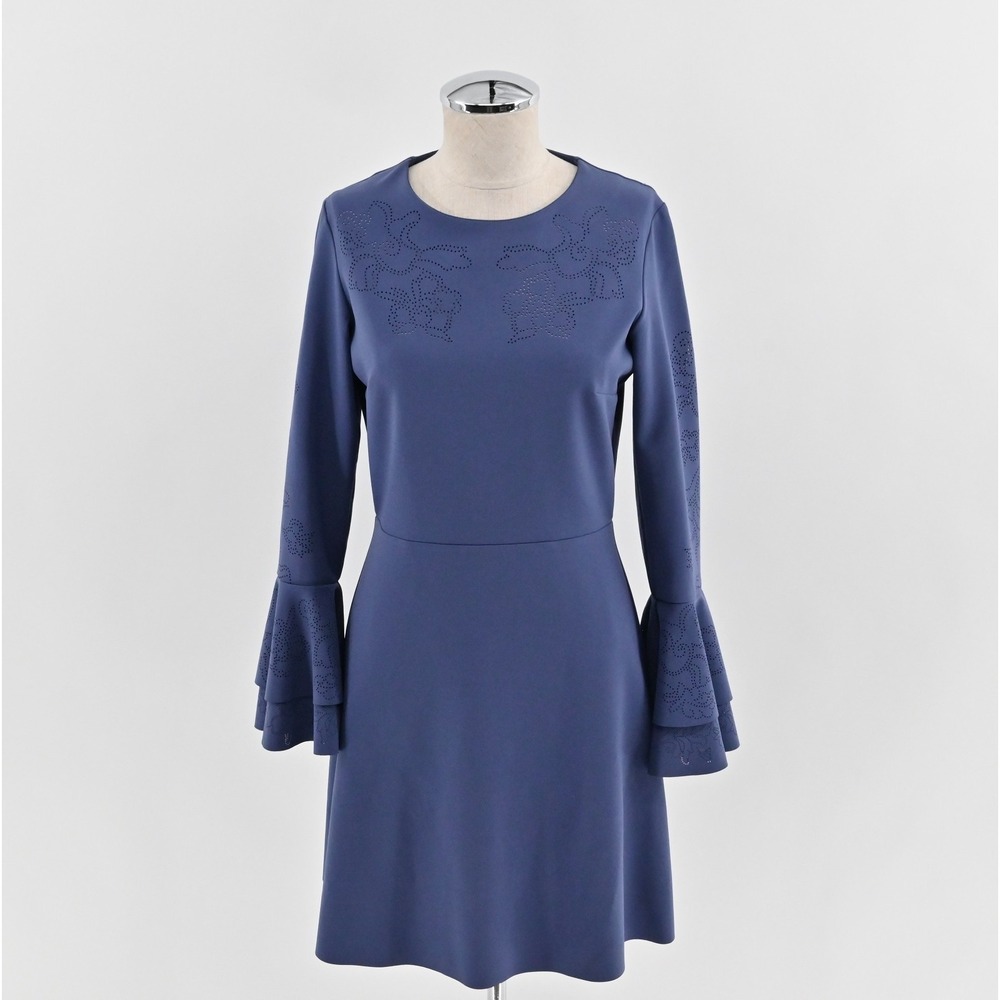 Parker Orlando Blue Dress Size 4 Perforated‎ Detail Bell Sleeve ALine Mini